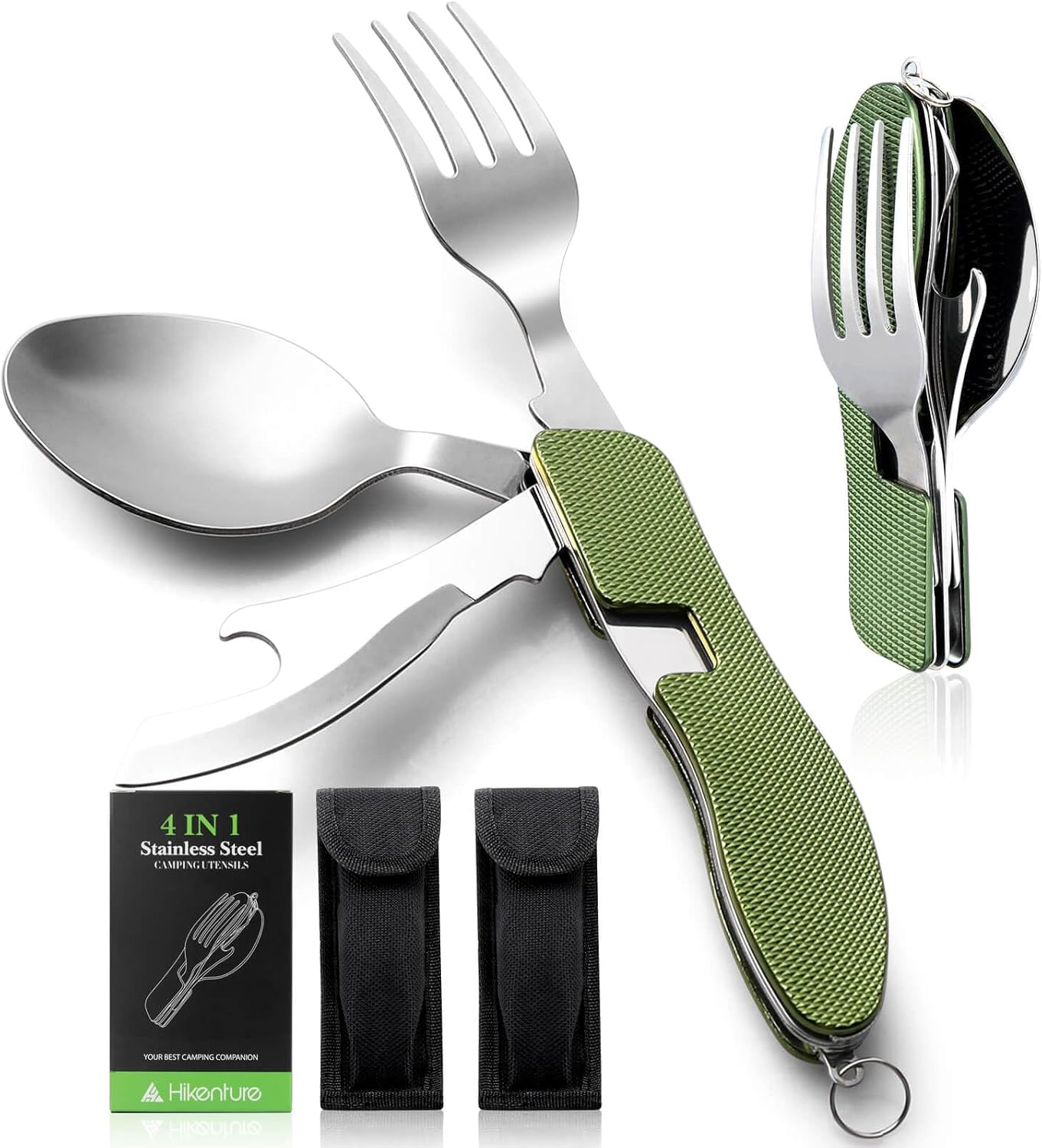 Set 4en1 cubiertos acero inox para camping verde