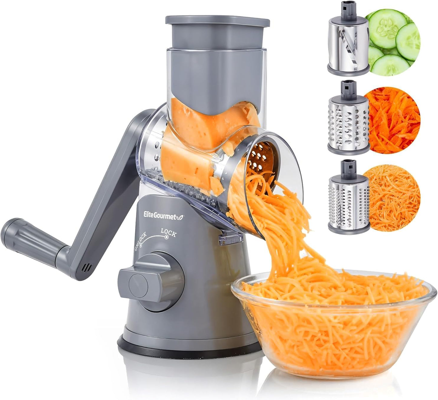Rallador queso giratorio 3 cuchillas acero inox base succión gris
