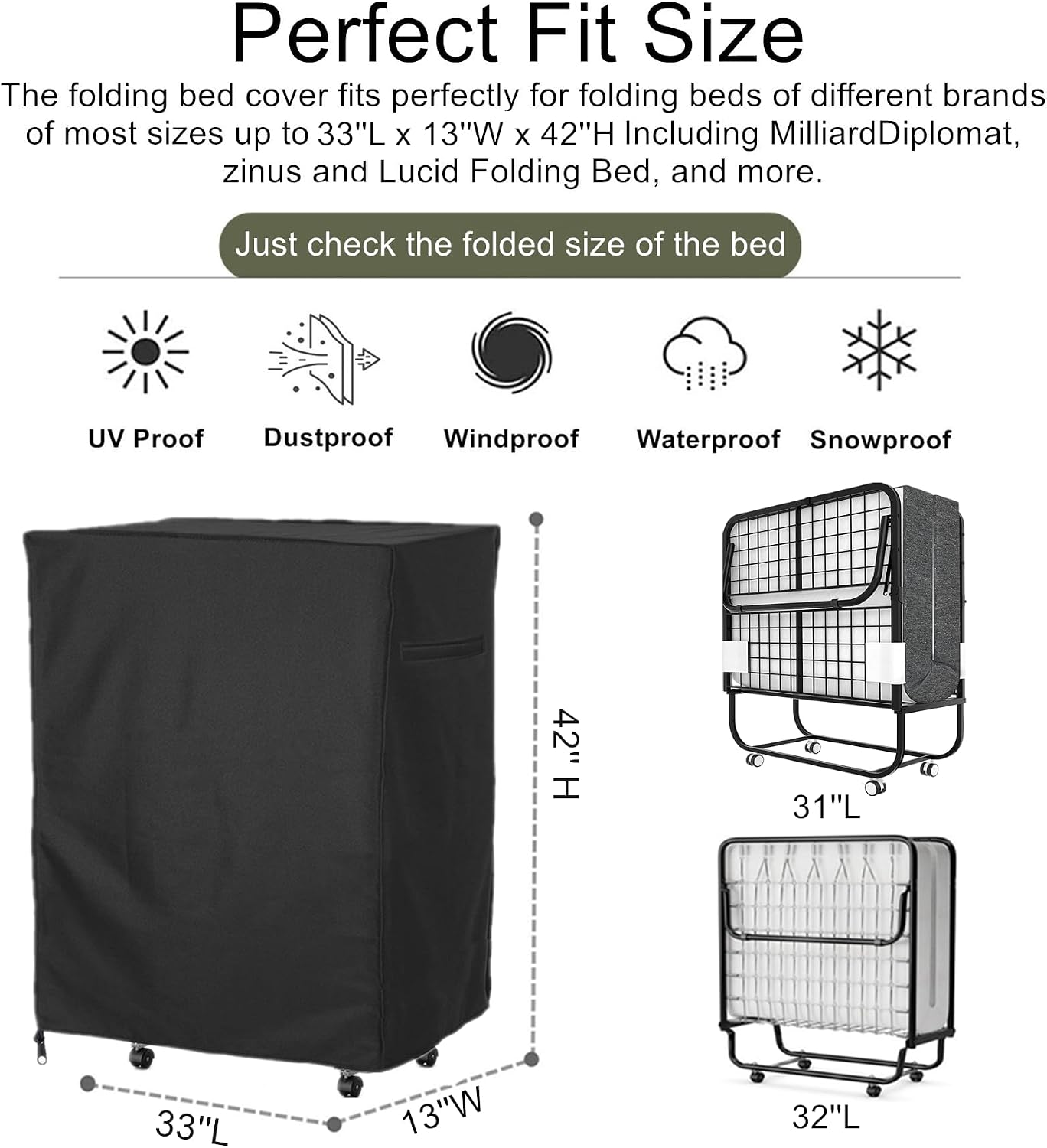 Funda cama plegable 33" impermeable con cremallera metal