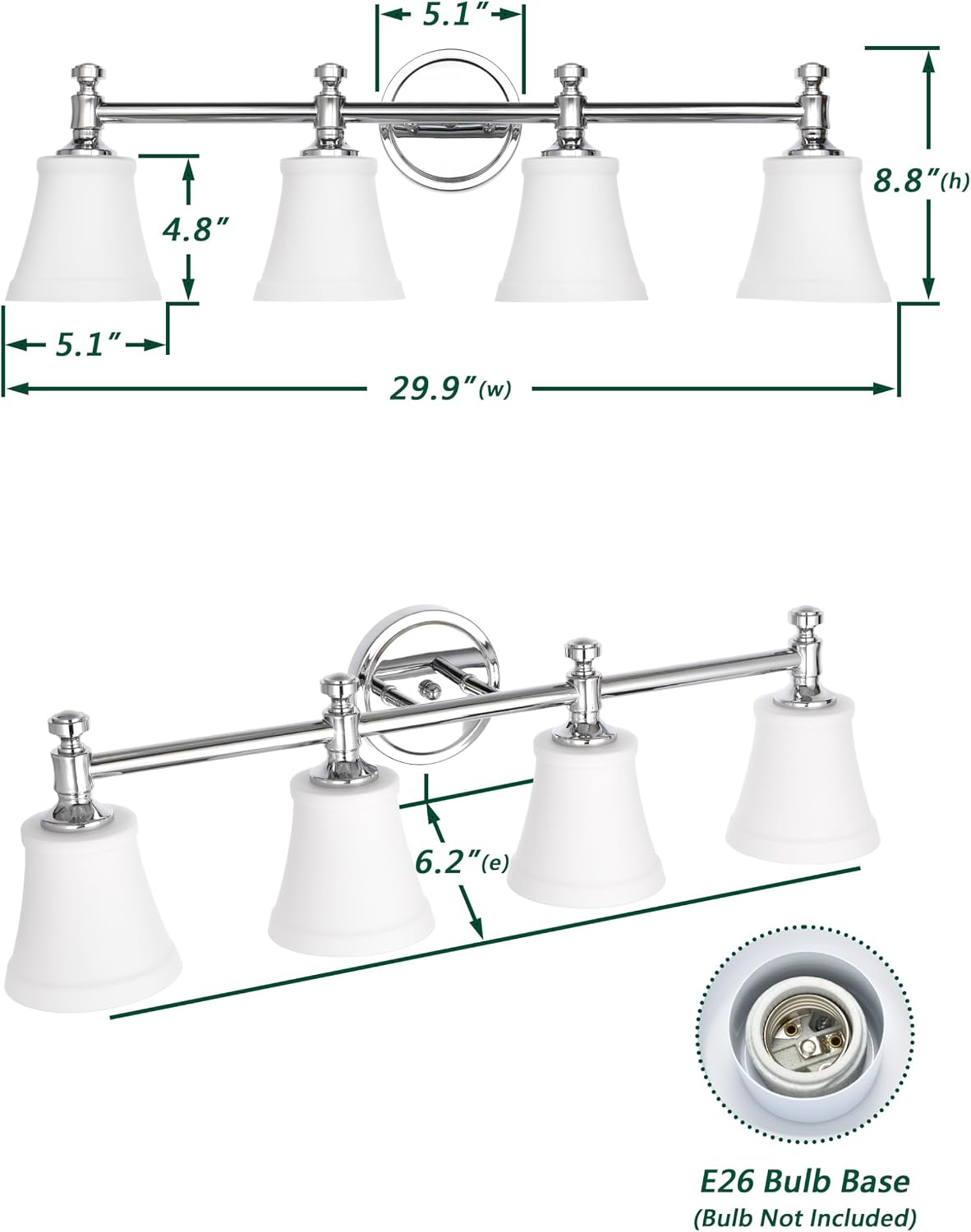 Lámpara tocad. baño 4 luces cromado pantalla vidrio opalino