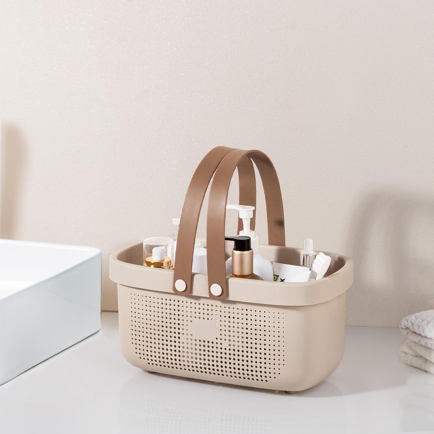 Cesta plástico con asa para baño cocina dormitorio beige