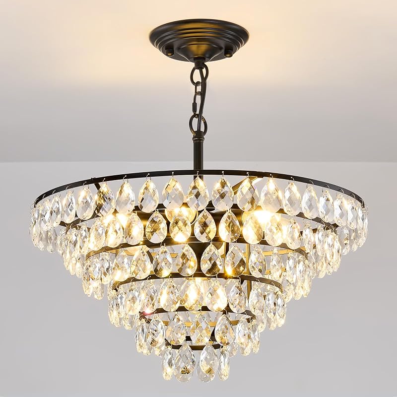 Candelabro cristal 7 luces 20pulg gota lluvia negro