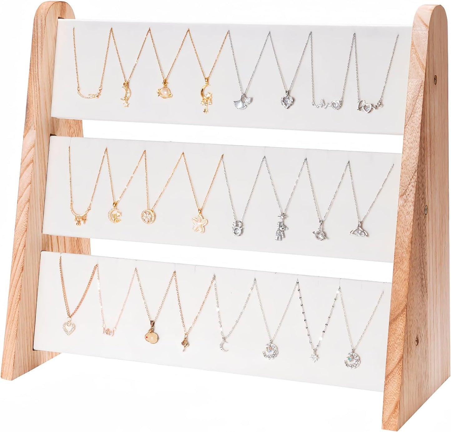 Soporte 3 niveles madera terciopelo blanco para joyas