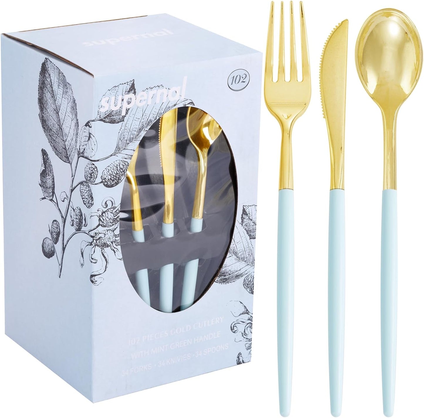 102 Cubiertos Plástico Dorado Resistentes con Mango Verde Menta