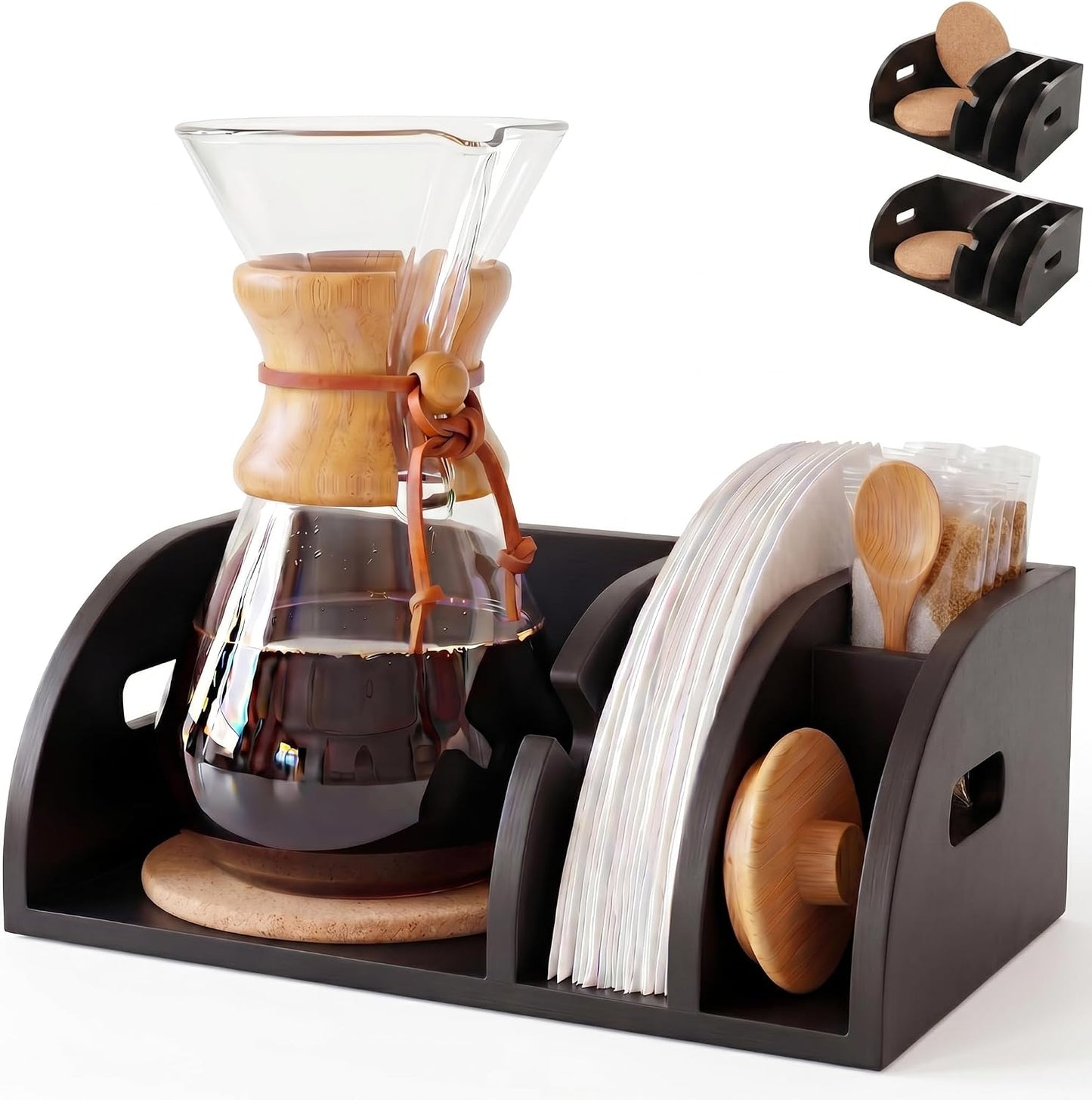 Chemex Caddy 3en1 con alfombrillas corcho bambú negro