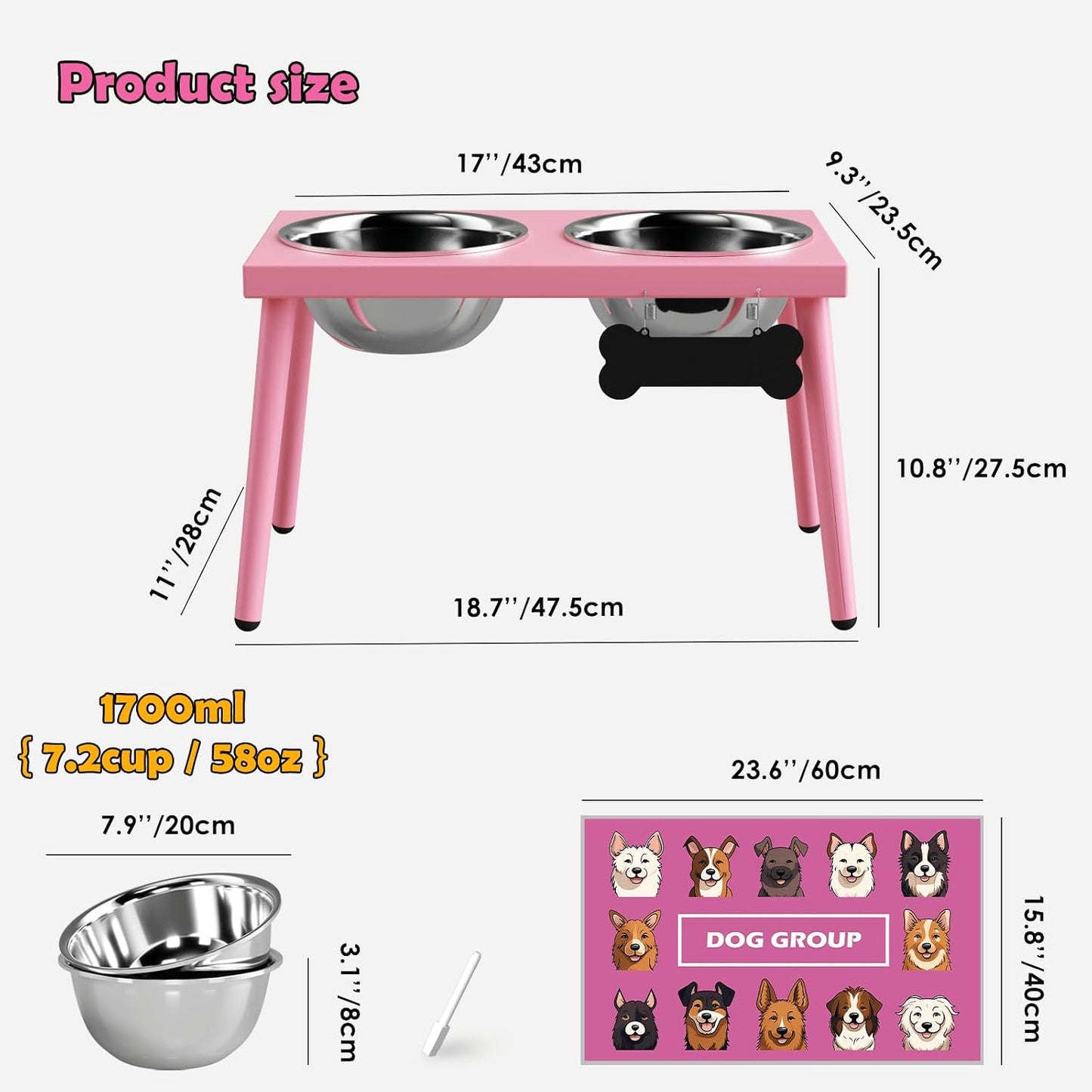 Soporte elevado cuencos perros 58oz rosa