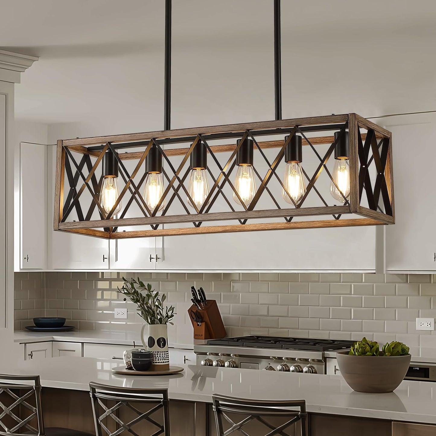 Lámpara comedor estilo granja 6 luces colgantes roble negro