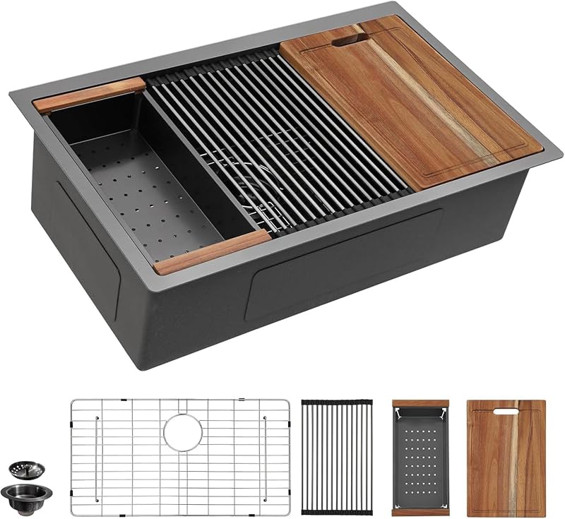 Fregadero cocina bajo mostrador negro 33x19 acero inox 304