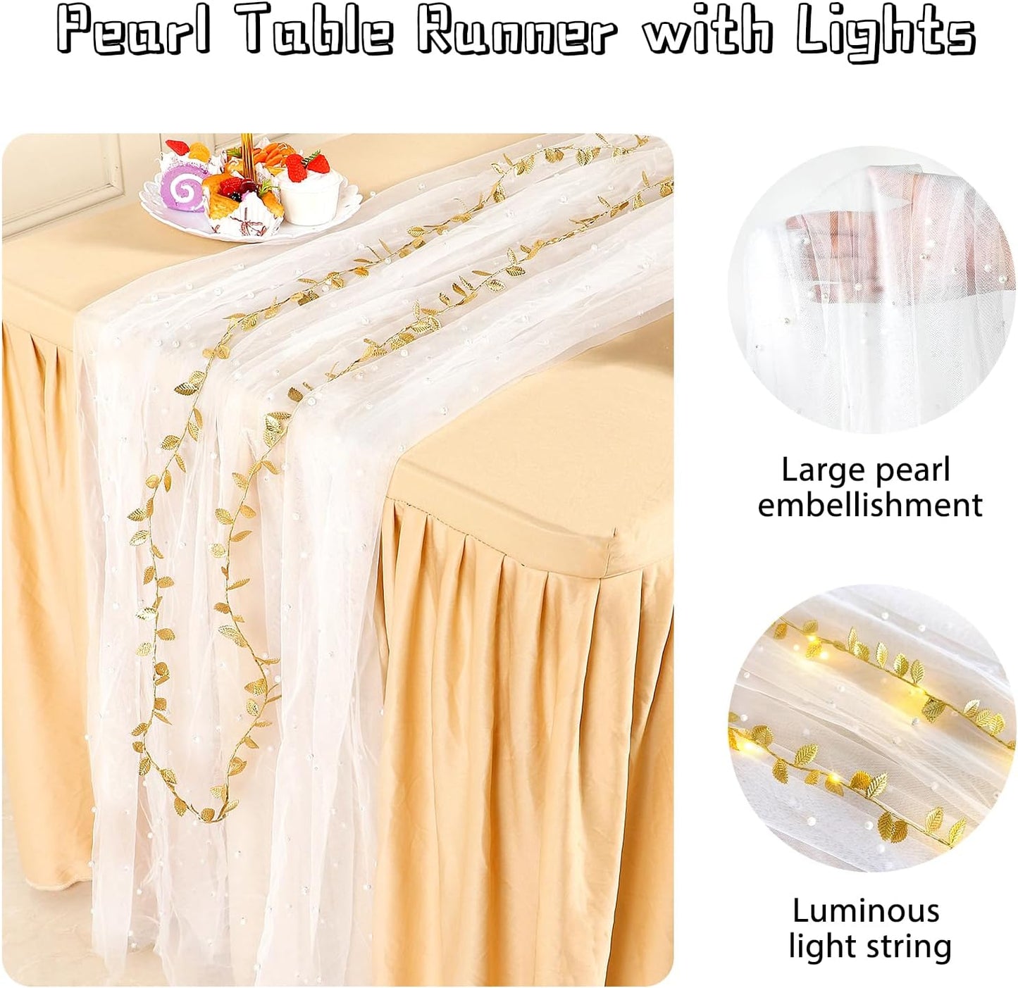 Mesa Camino Perlas Blancas Luces 10ft Encaje Tul Boda