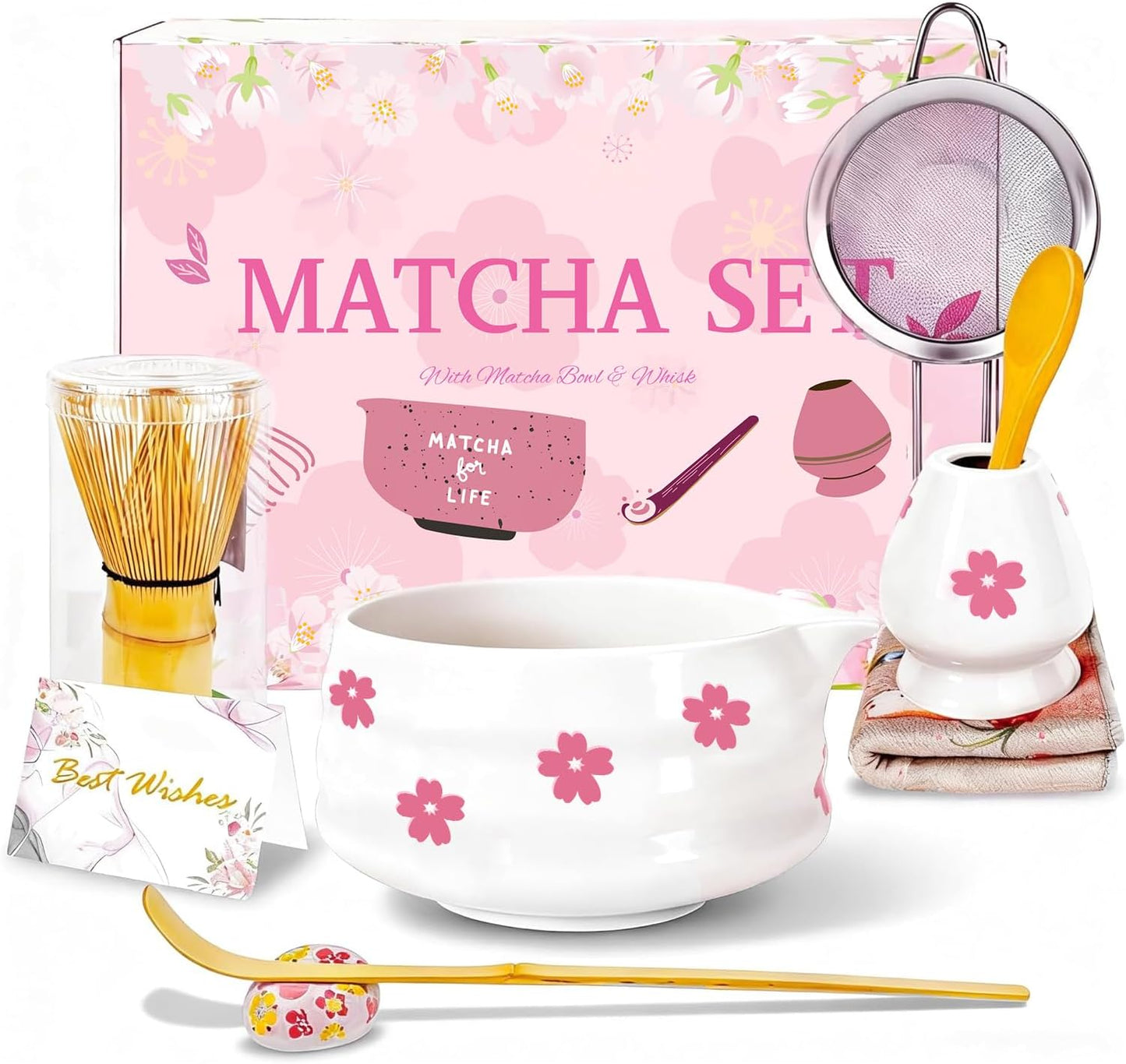 Juego 8 Pzas Matcha Cerámica Batidor Soporte Cuchara Bambú Tamiz