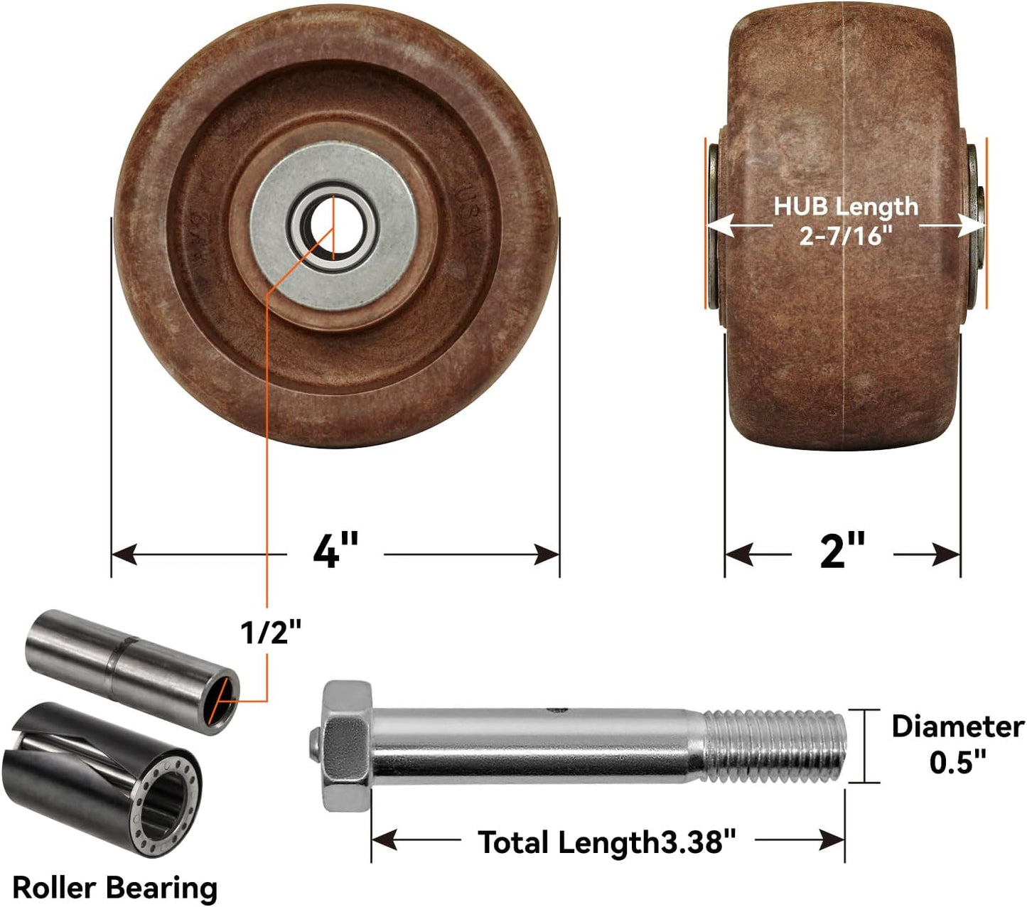 Ruedas giratorias 4pulg nailon vidrio 800lb -40° a 475°F