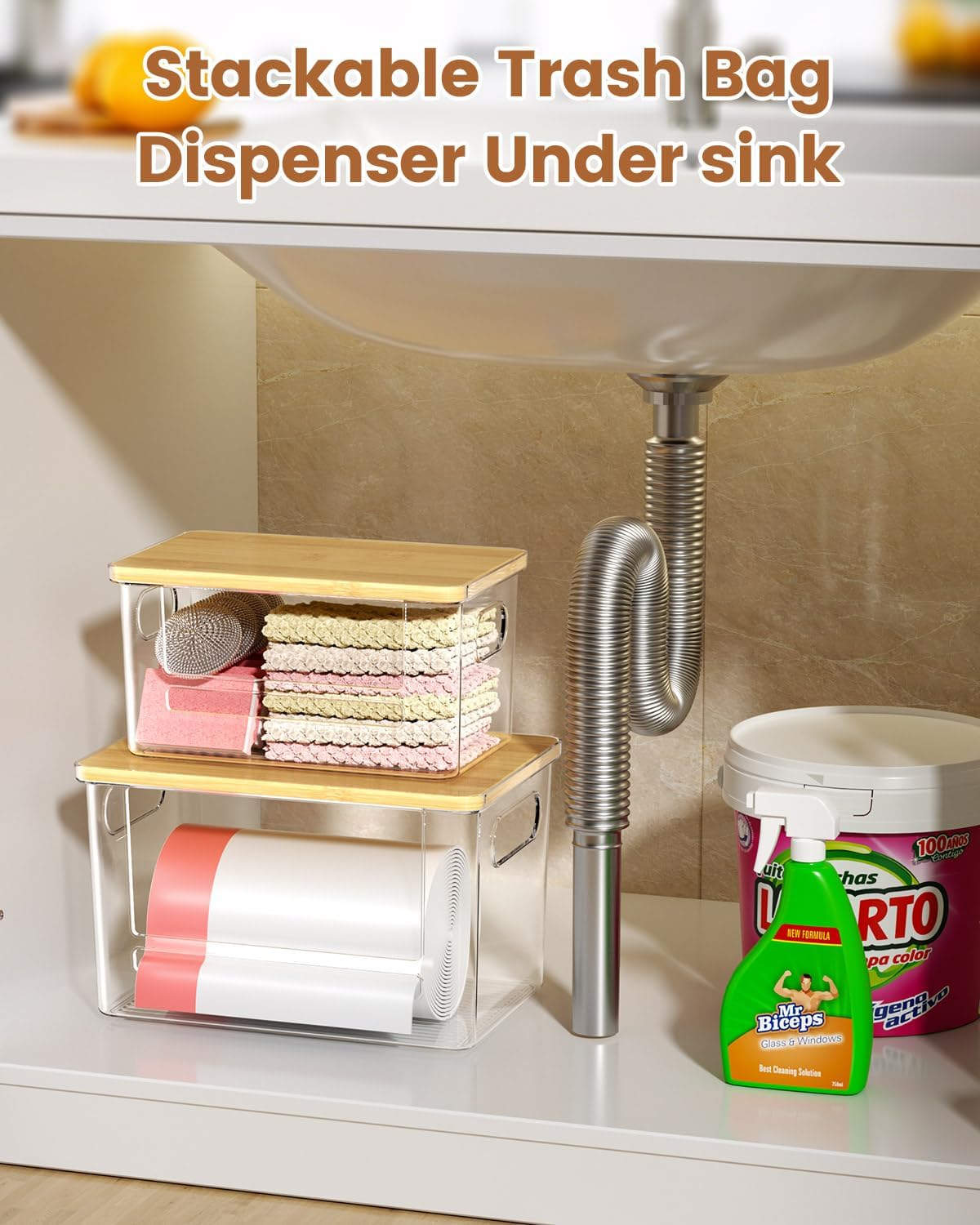 2 Dispensadores bolsas basura apilable bambú transparente