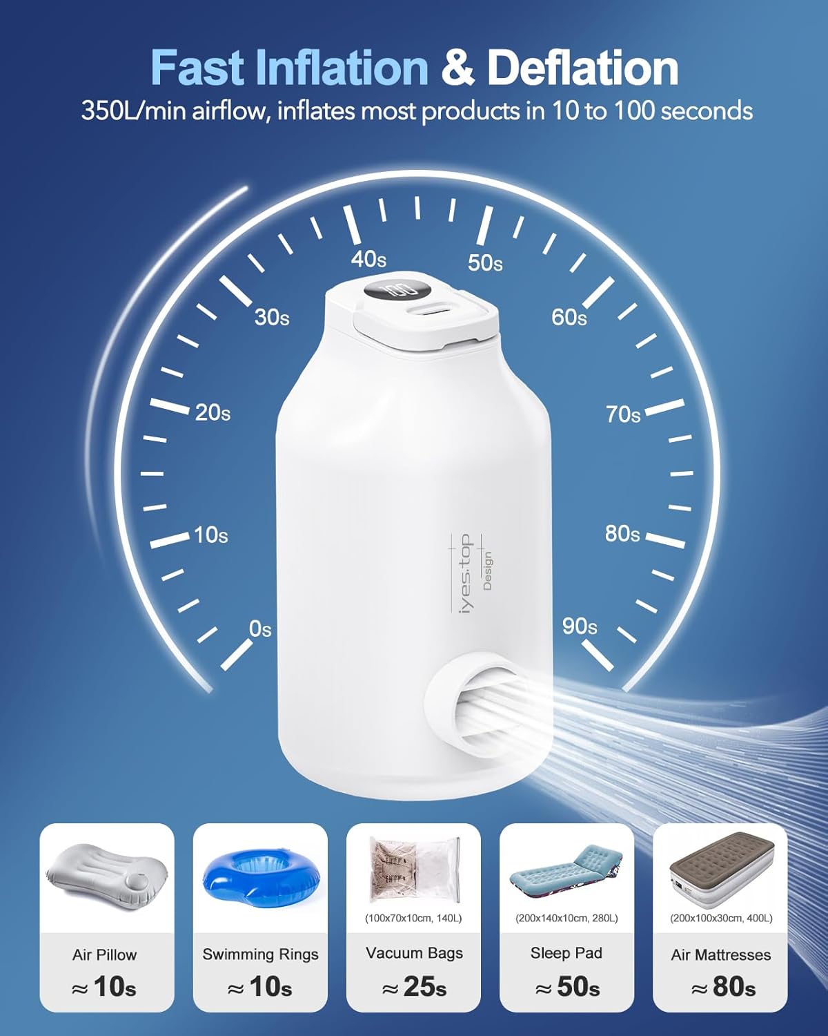 Bomba aire portátil con luz 350l/min para inflables y colchones