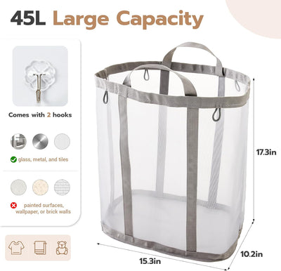 Bolsa lavandería malla asas 42L con ganchos plegable gris