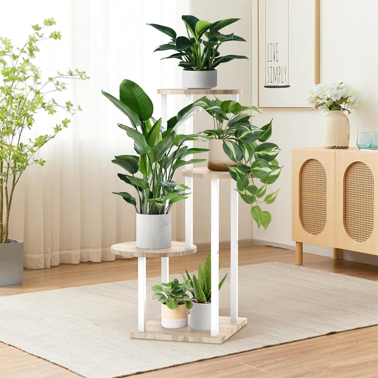 Soporte para plantas 4 niveles metal blanco y madera sala