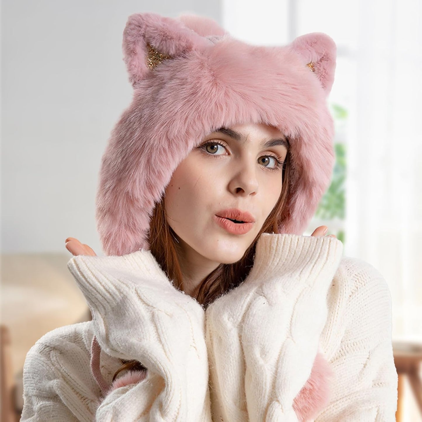 Gorro mullido con orejas de gato para mujer invierno