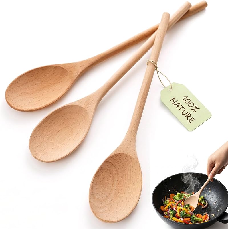 3 Cucharas Madera Haya 10pulg Resistentes Calor Antiarañazos