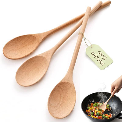 3 Cucharas Madera Haya 10pulg Resistentes Calor Antiarañazos
