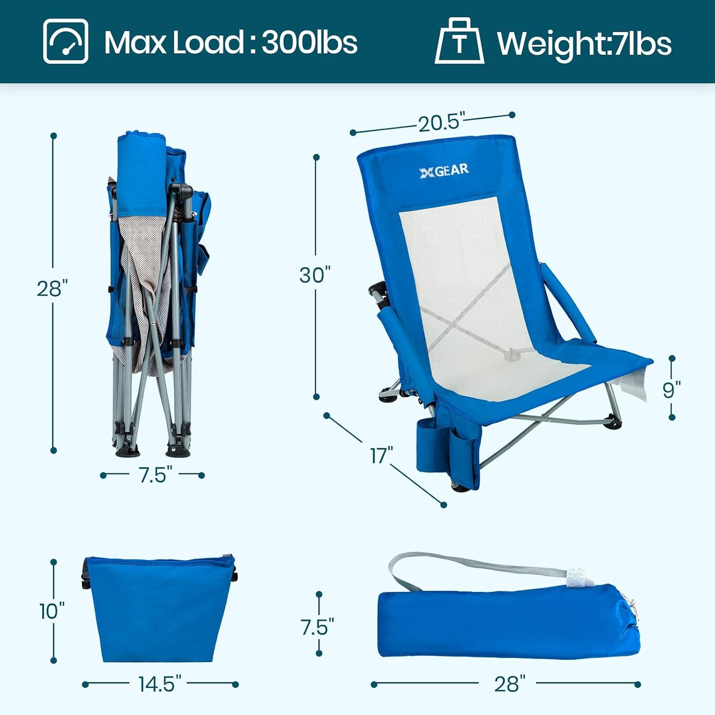 Silla playa plegable respaldo alto malla bolsa enfriadora