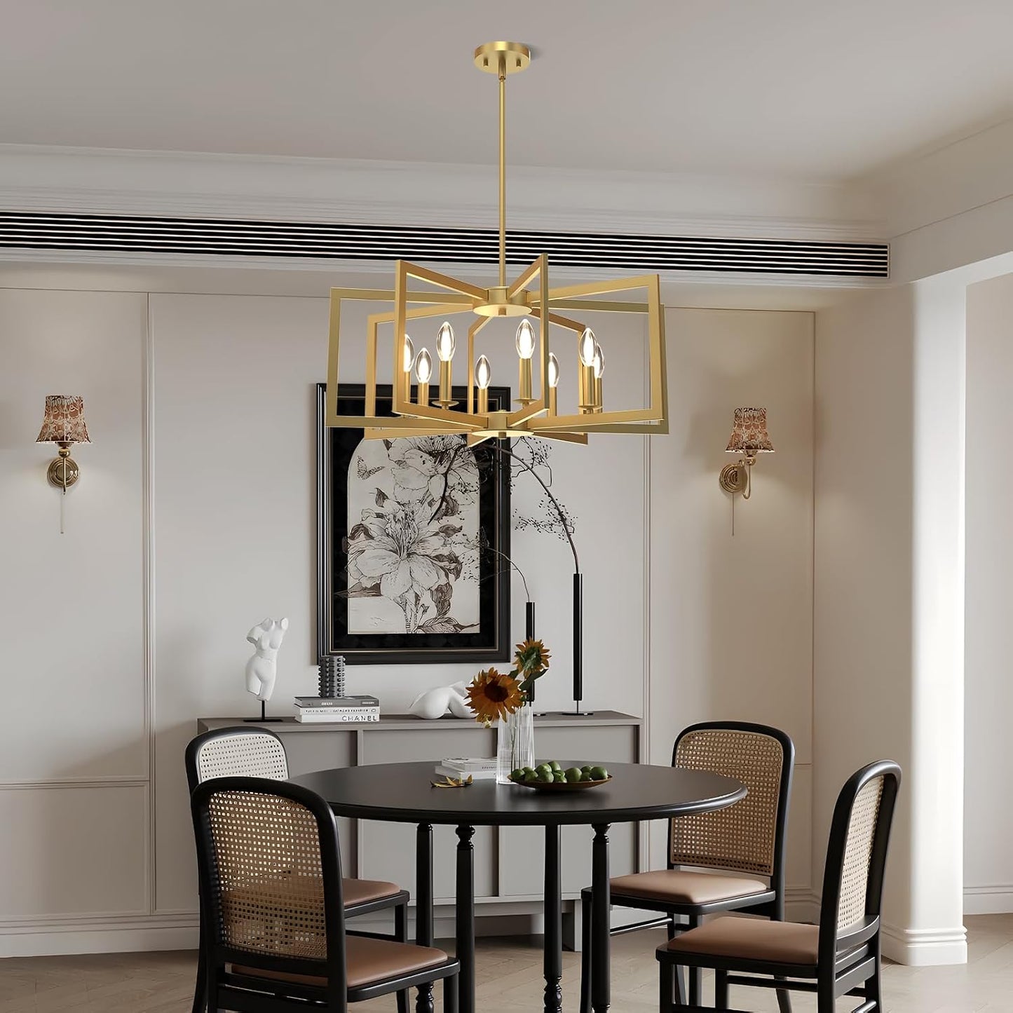 Candelabro dorado 8 luces geométricas para comedor y cocina