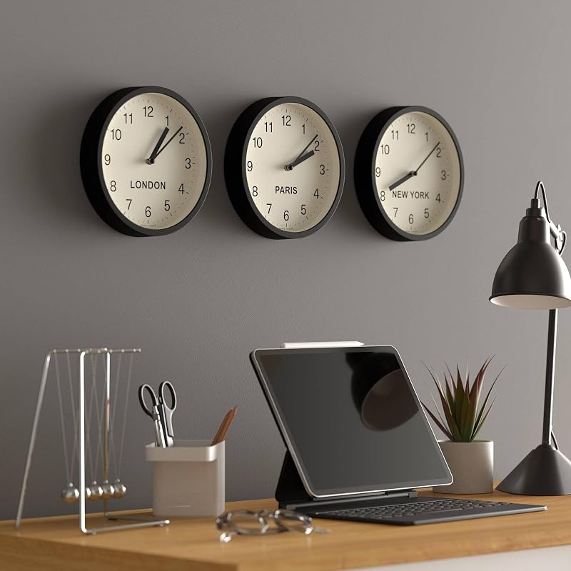Reloj pared zona horaria Nueva York 8pulg negro cocina oficina
