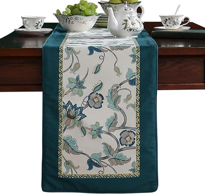 Mesa terciopelo floral verde azulado decoración cocina