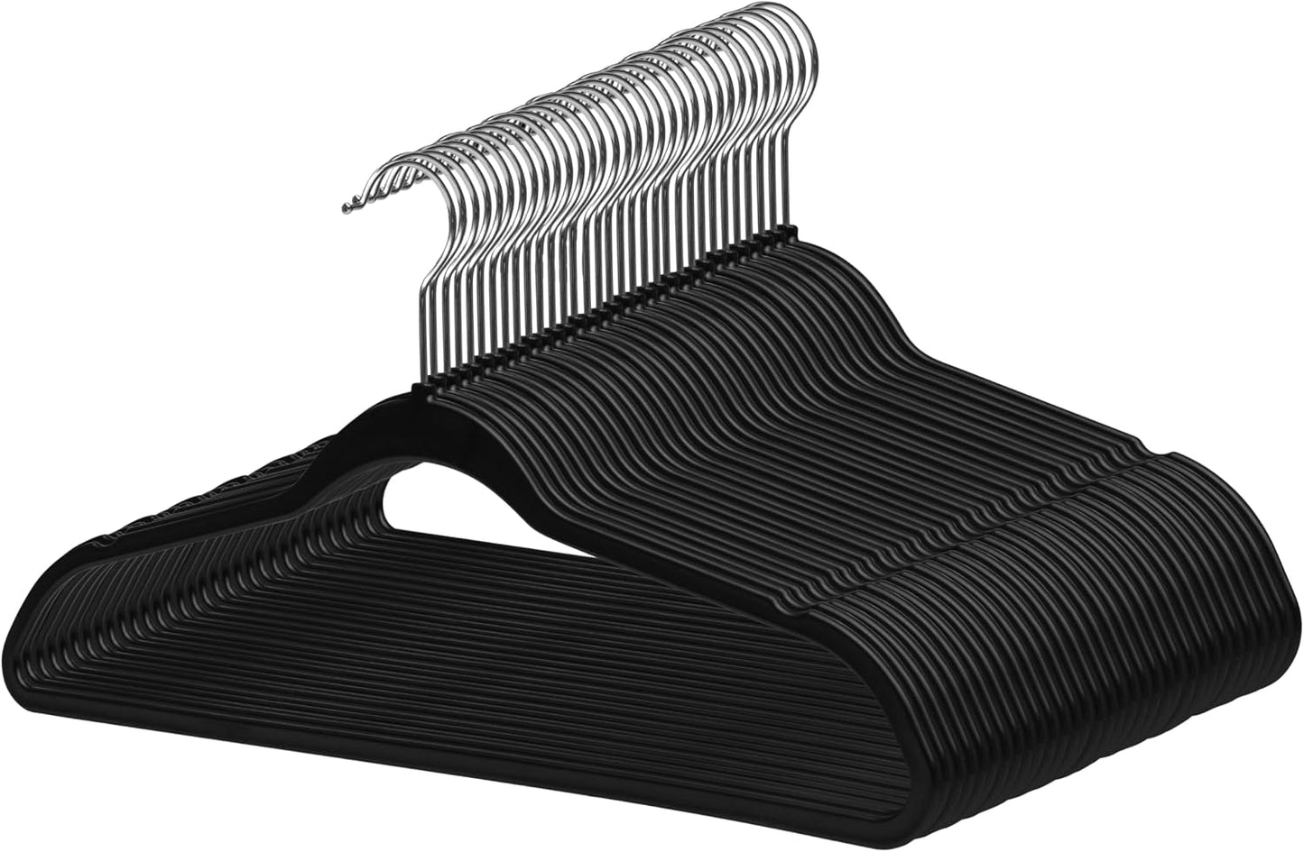 50 Perchas Plástico Negro 16.5" Gancho Cromado Giratorio
