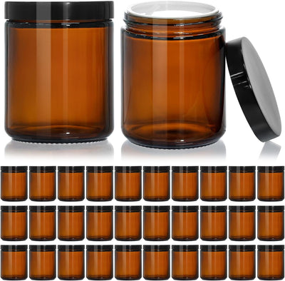 30 Tarros Vidrio Ámbar 8oz Tapas Negras Cosméticos