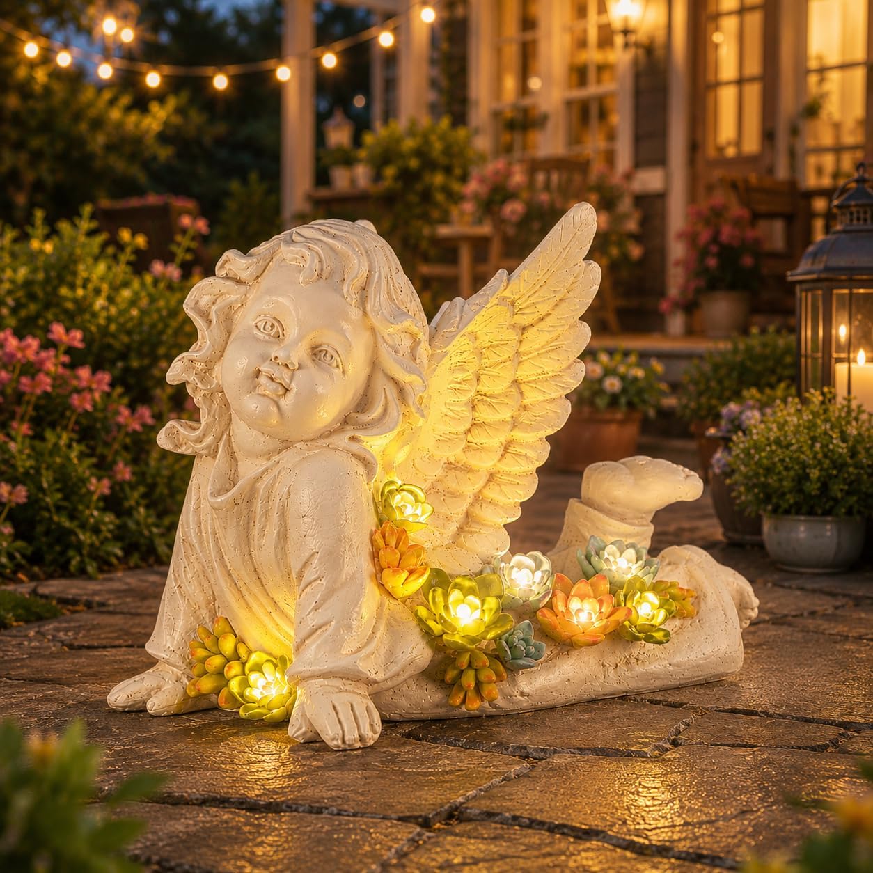 Estatuas solares querubín jardín 7" con suculentas