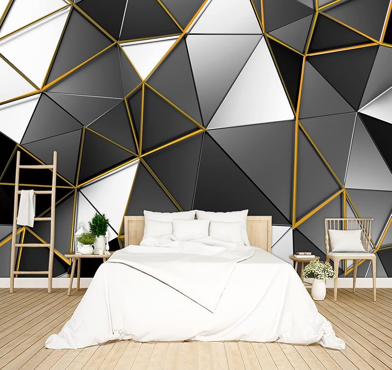 Papel tapiz geométrico negro y dorado para dormitorio y