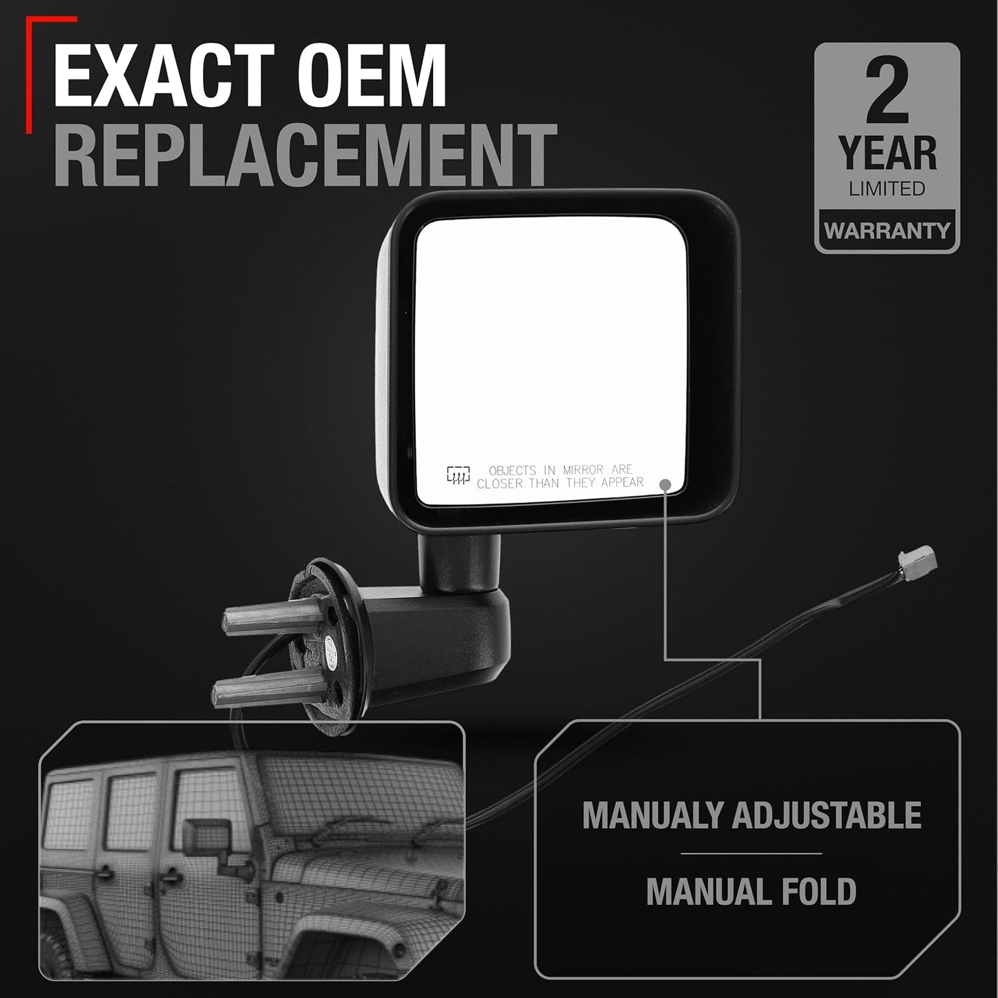 Espejo pasajero Jeep Wrangler 07-13 negro texturizado