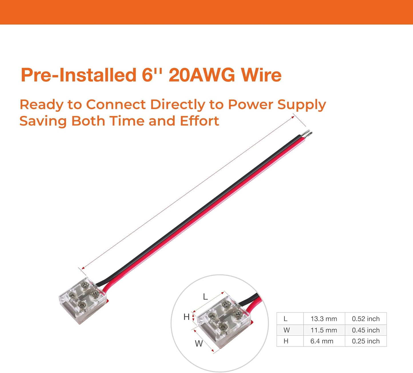 Conector luz led 10mm sin soldadura 2 pines cable 6' 20awg