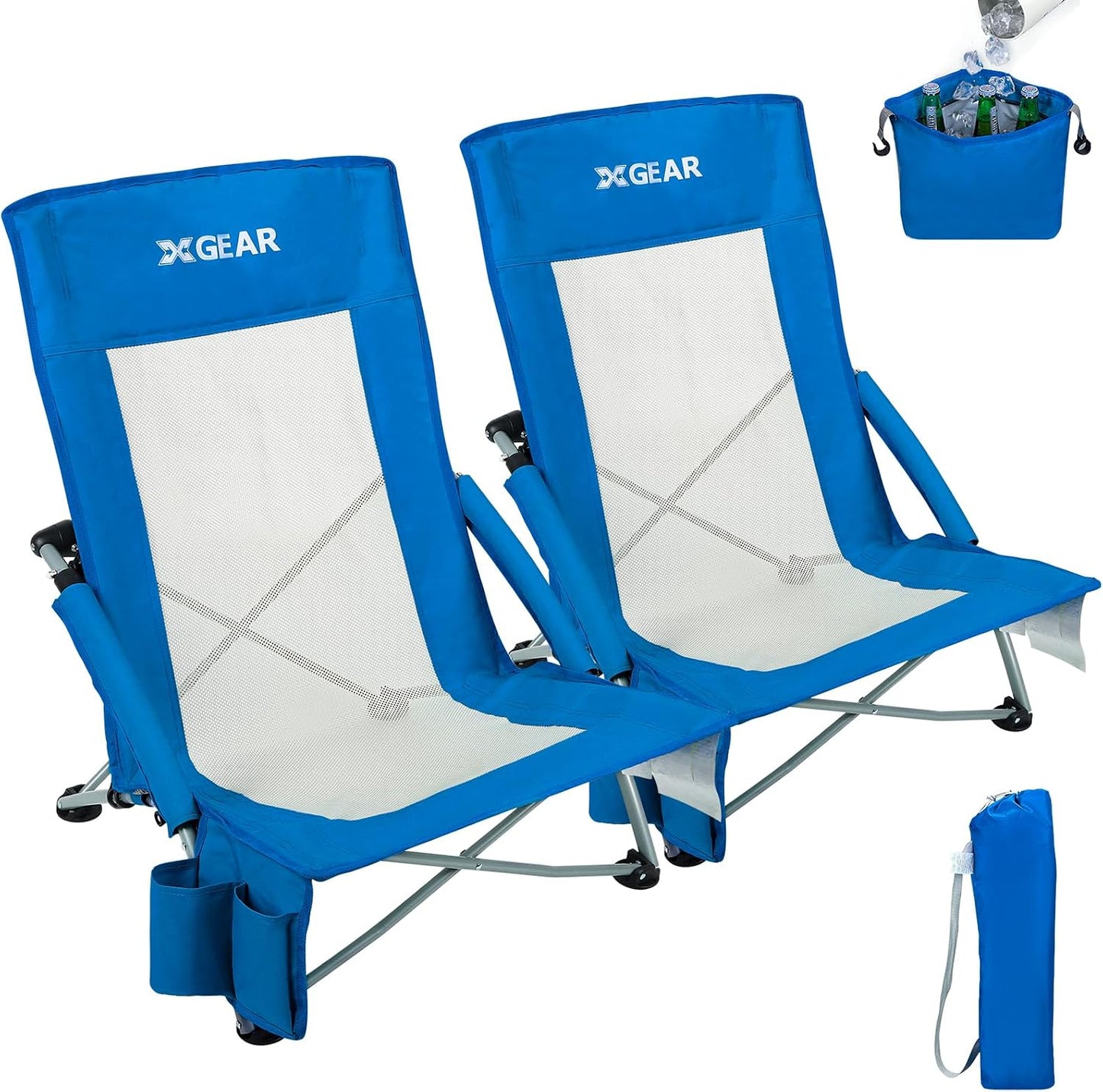 Silla playa plegable respaldo alto malla bolsa enfriadora