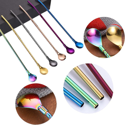 14 Pzas Pajitas y Cucharas Acero Inox 2en1 Reutilizables