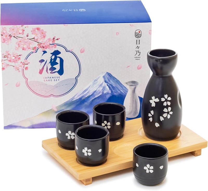 Set 5 piezas sake cerámica Tokkuri Ochoko bandeja bambú
