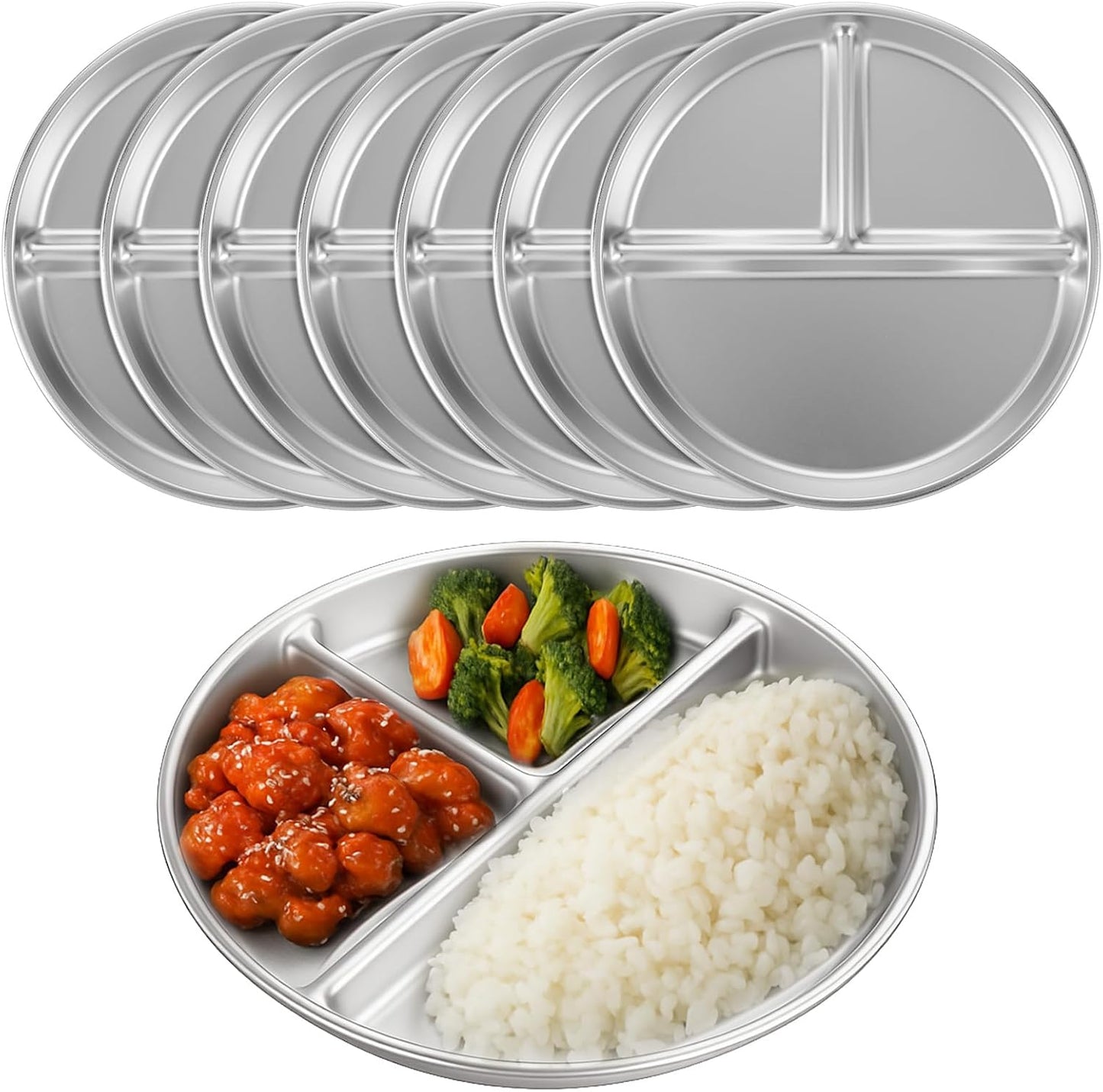 8 Pzas Platos Acero Inox 9pulg 3 Compartimentos Niños y Adultos