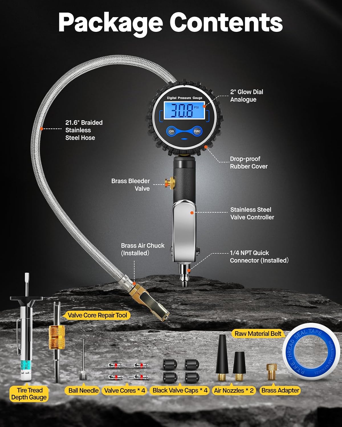 Inflador neumáticos digital con medidor 200 PSI dial 2"