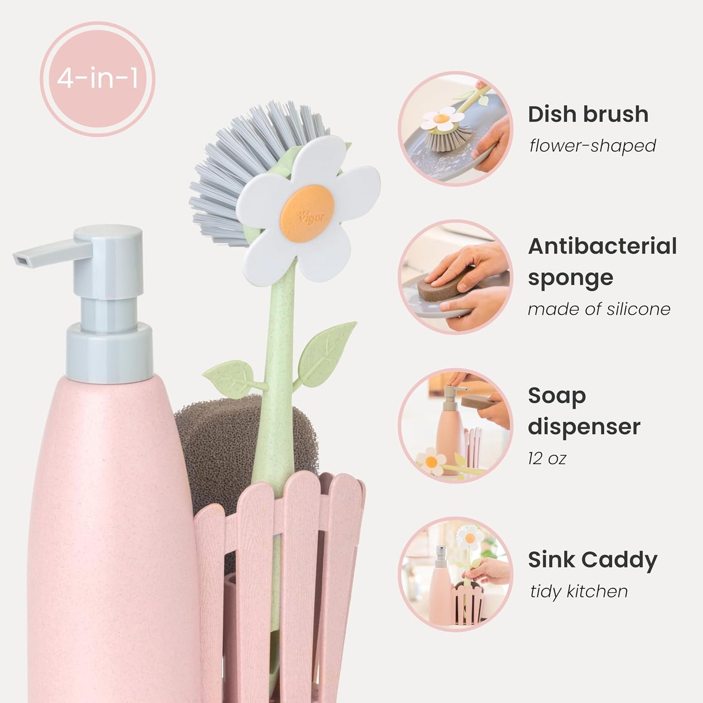 Organiz. fregadero cocina con dispensador jabón y soporte cepillos