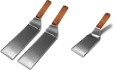 Espátula de acero inoxidable para sartenes de hierro fundido y parrillas planas con mango de madera