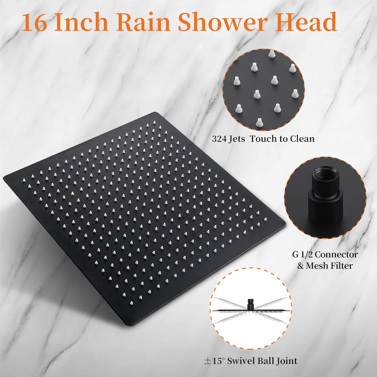 Cabezal ducha lluvia 16pulg acero inox negro mate
