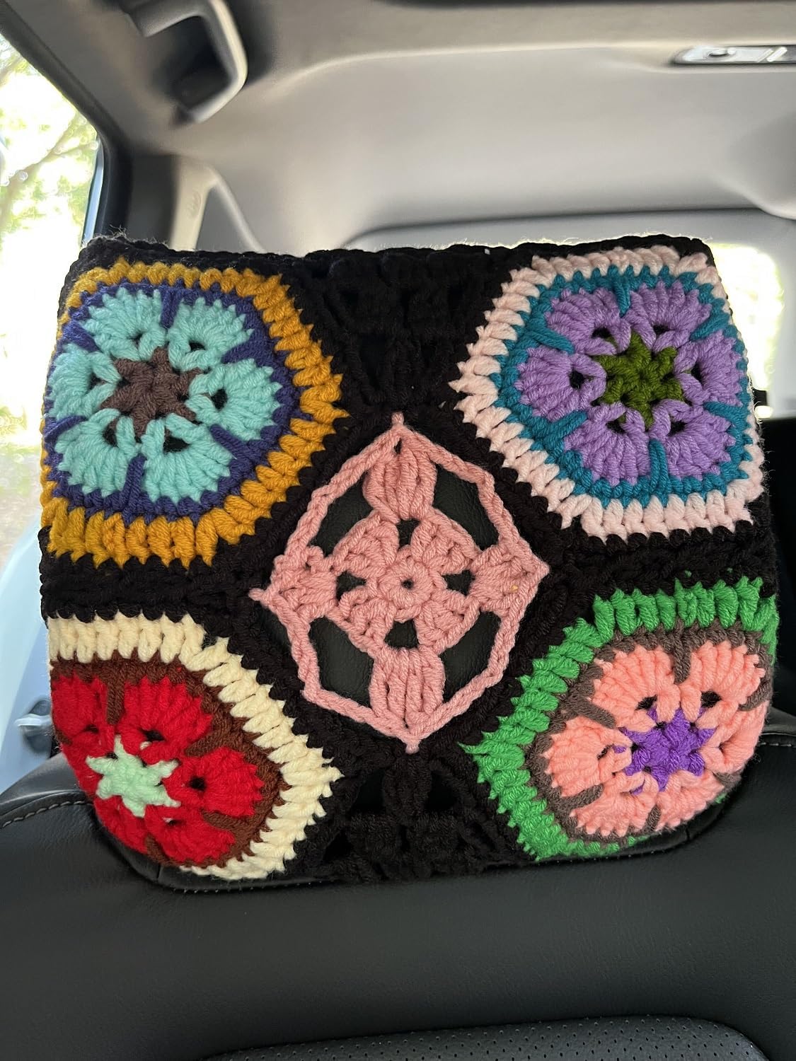 2 fundas reposacabezas auto ganchillo flor negra