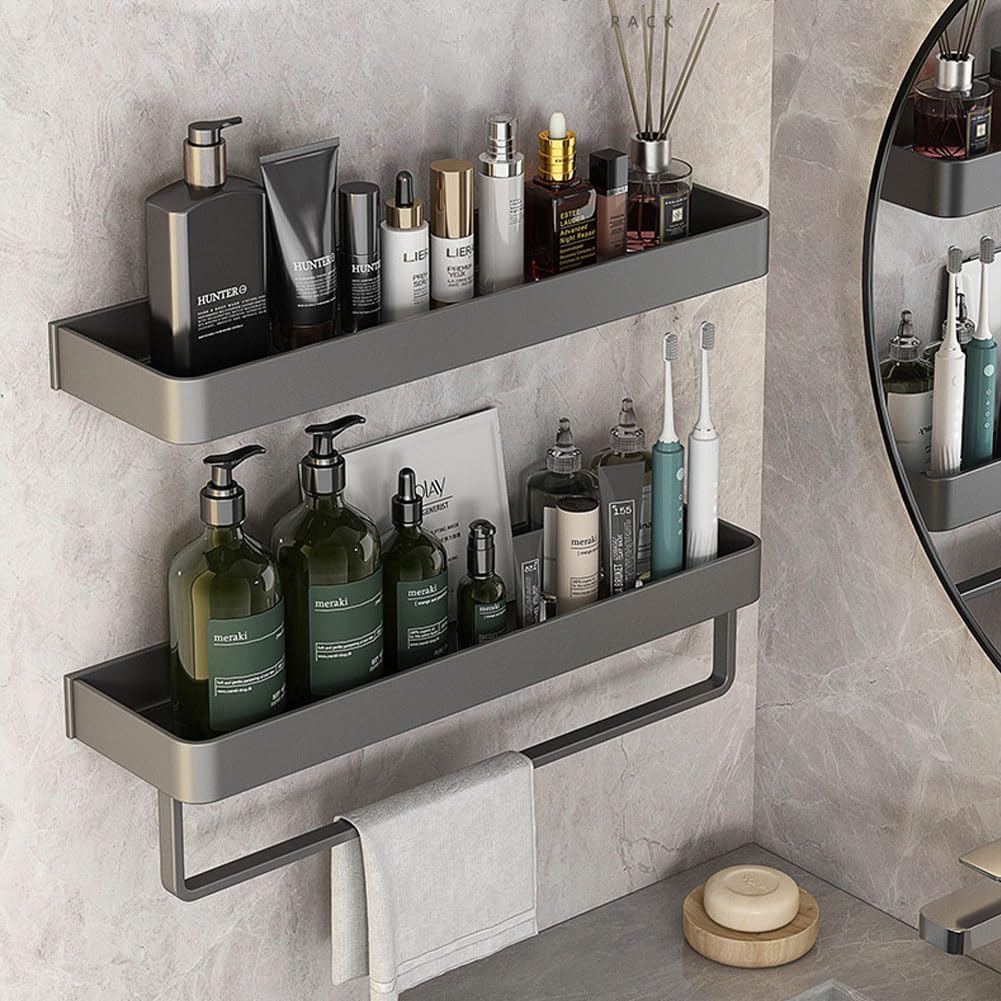 Estantes baño flotantes 2 niveles con ganchos gris