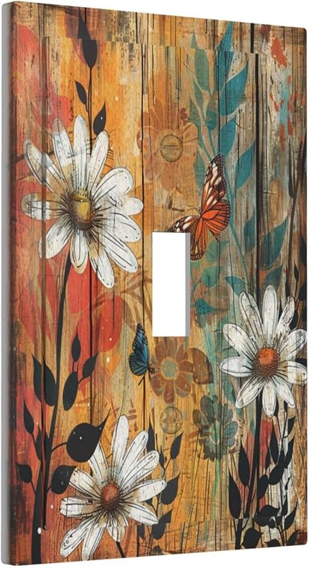 Placa interruptor madera vintage con flores y mariposas