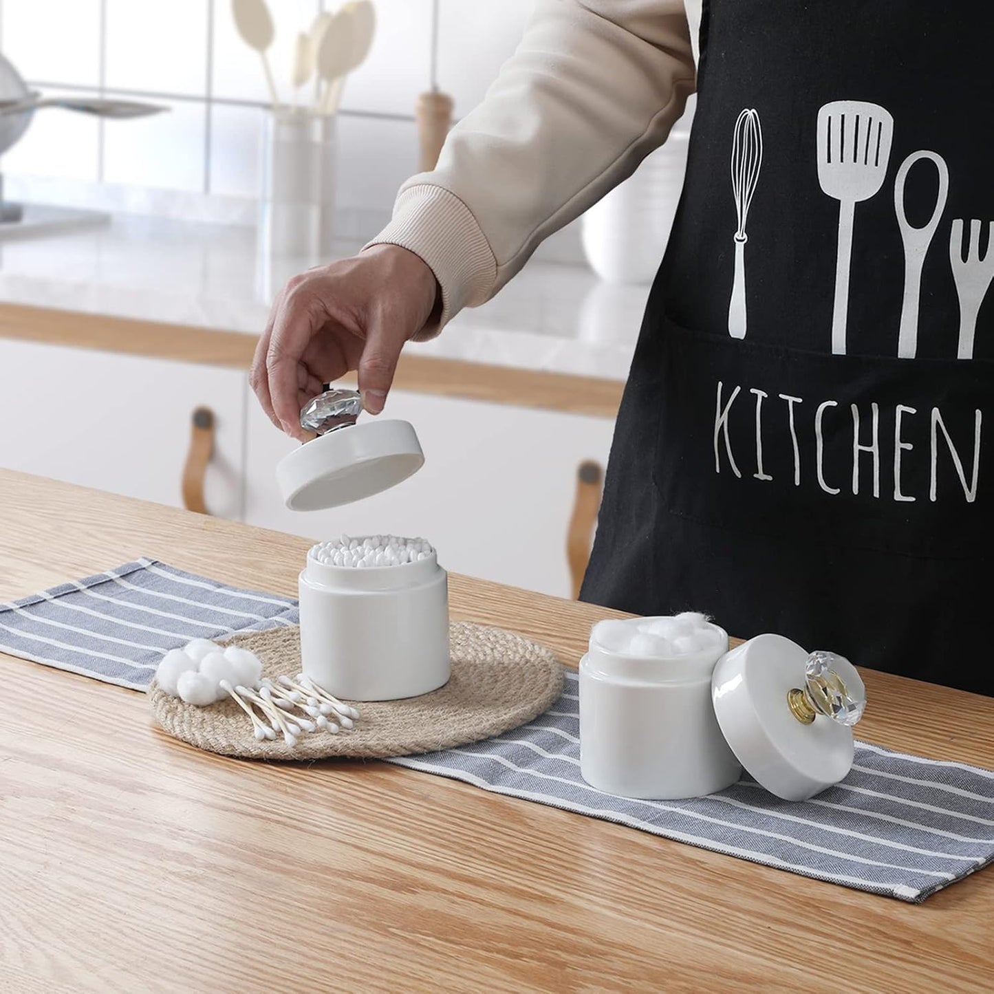 Organiz. hisopos algodón porcelana tapa cristal blanco