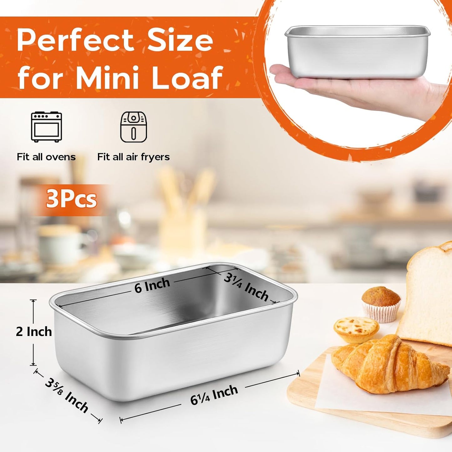 Set 3 Moldes Acero Inox Pan Mini Para Pan De Plátano Y Carne