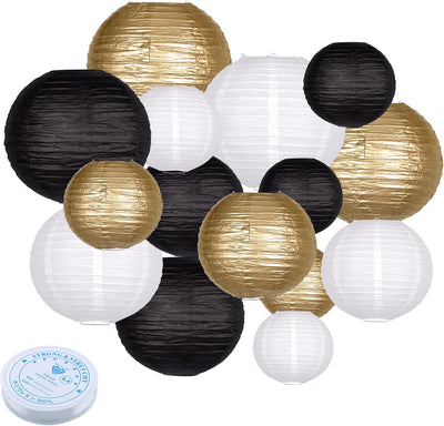 15 Linternas Papel Negras Doradas Redondas Colgantes 4-12pulg