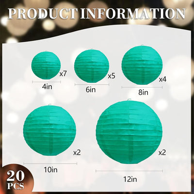 20 Linternas Papel Colgantes Azul Verde 6-12pulg Fiesta