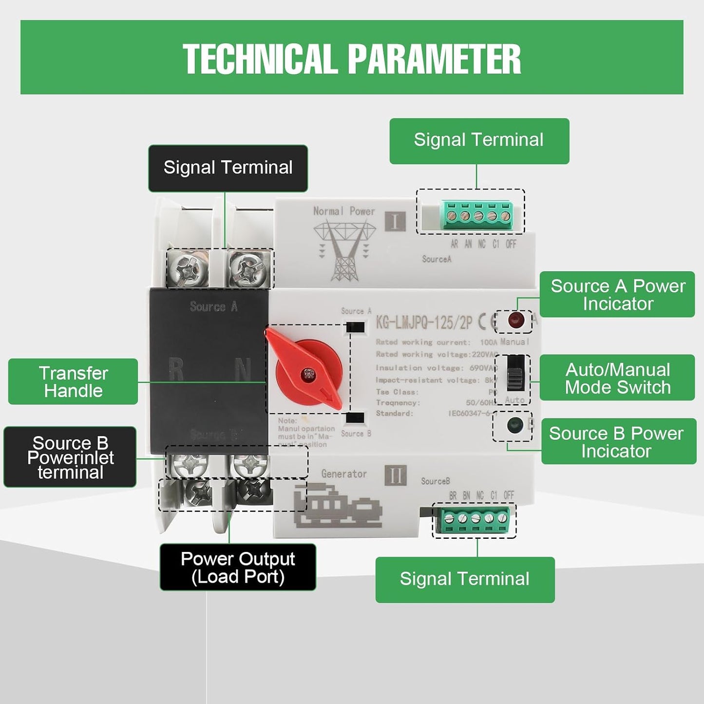 Interruptor transferencia dual 220V 100A riel DIN