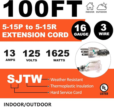 Cable extensión exterior 100ft SJTW 16/3 enchufe tierra