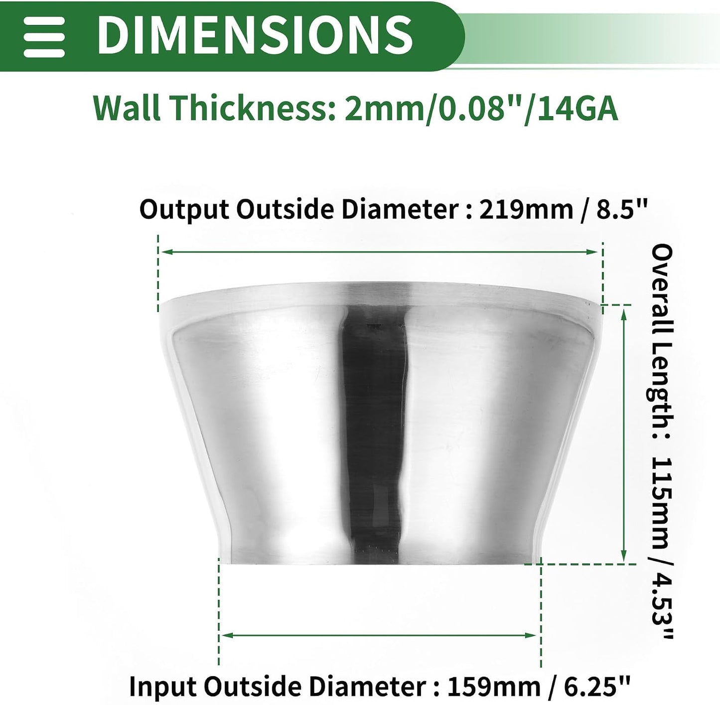 Codo doblado reductor 6.25-8.5pulg acero inox plateado